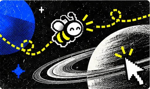 A pixel bee flies through space past a ringed planet