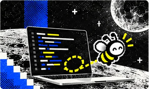 A laptop with code on a lunar landscape